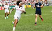 At the HSBC World Rugby Sevens Series XVIII in Hong Kong on April 8, 2017 USA's Folau Niua heads for the try line against Argentina.  USA beat Argentina 33-5 to win Pool D with 9 points.   USA will face England in the Cup quarter finals.  Argentina  will play Australia, winner of Pool A.