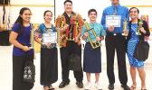 (L-R) are the Top 6 winners of the competition: Noelle Lei Sam (SPA), 4th Place; Avril Louella Regis (FMHS) 3rd Place; Osana Laulu (LHS), 2nd Place; Vincent Maverick Jagon (FMHS), 1st Place; Kutori Temese (Manumalo), 5th Place; and Jodesy Fuiava (Manumalo), 6th place.