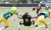 A pass from Jerry Isaako of the Wildcats intended for his wide receiver is broken up by Ben Tikeri